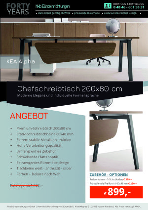 Angebot Schreibtisch 200x100 aus der Kollektion Chefschreibtisch KEA Alpha von der Firma HKB Büroeinrichtungen GmbH Husum